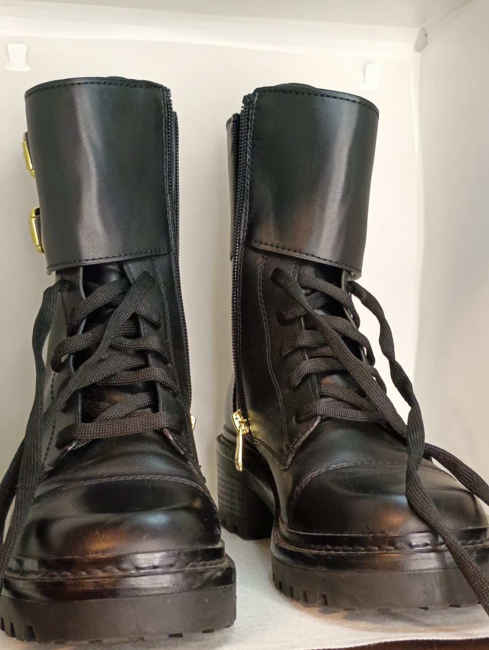 DKNYC Black Lace-Up Combat Boots with Gold Accents